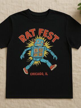 Rat Fest Chicago IL Retro Robot Graphic T-Shirt Black Vintage Style Tee
